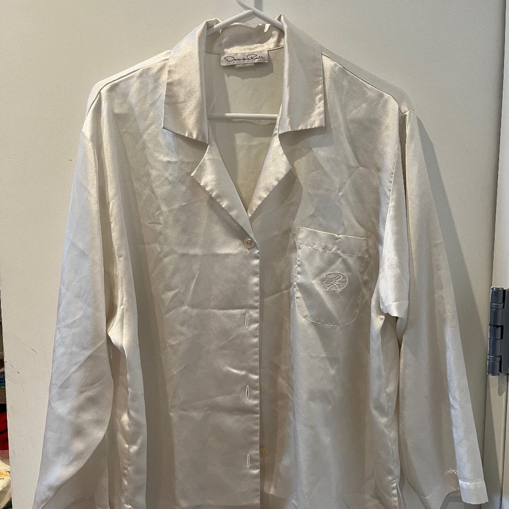 Vintage Oscar de la Renta White Satin Long Sleeve Pajama Top Women’s Medium